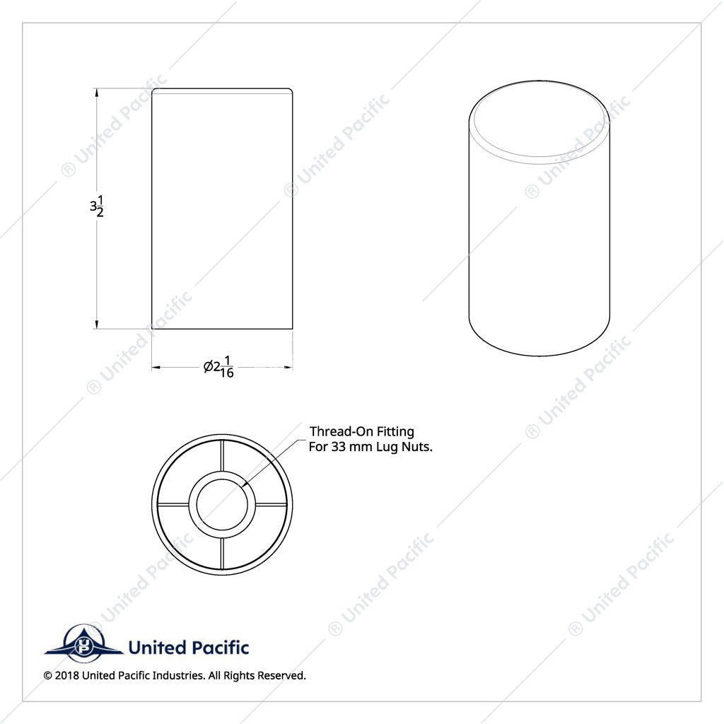 33mm x 3-1/2" Chrome Plastic Cylinder Nut Cover - Thread-On -SINGLE