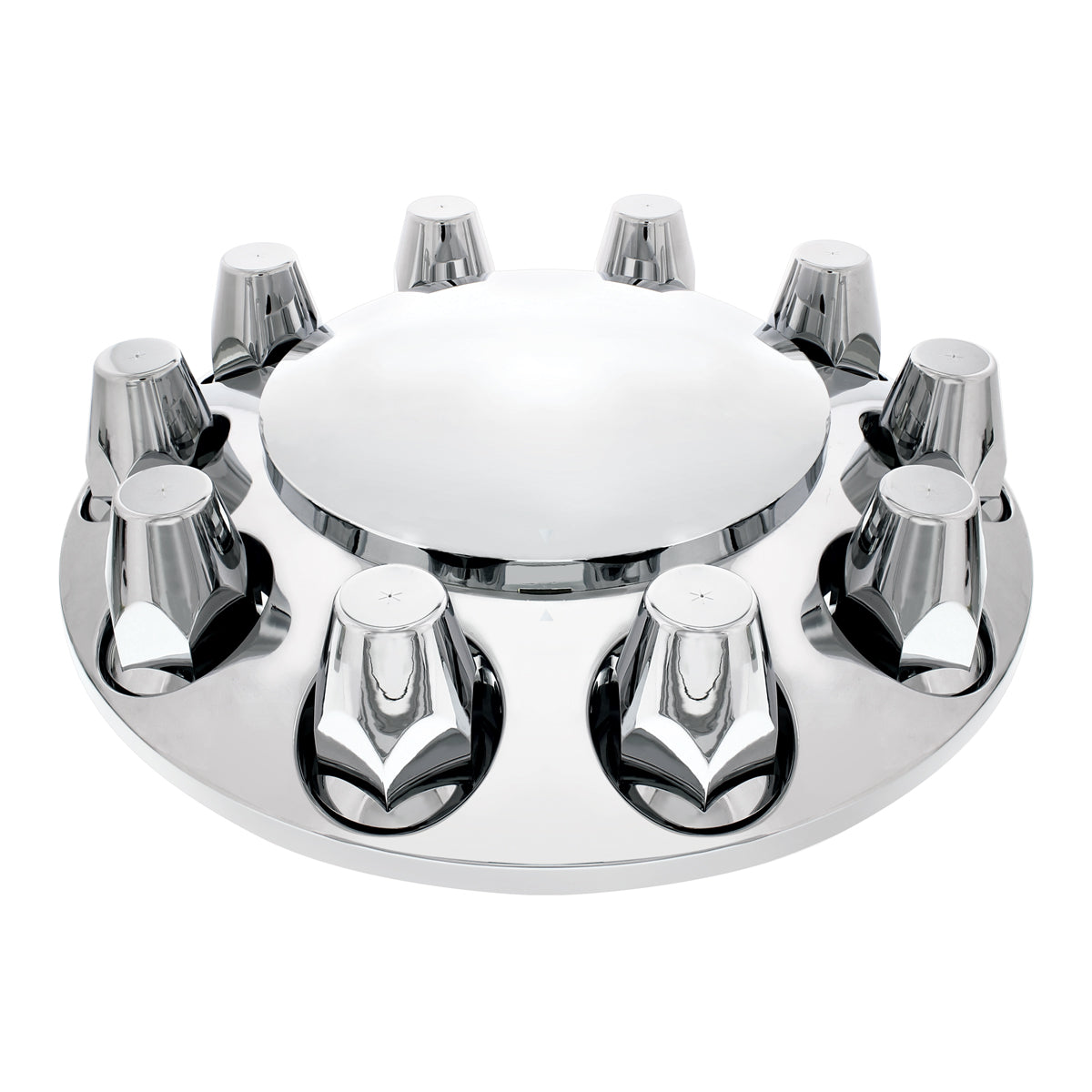 Image of the United Pacific Chrome Dome Front Axle Cover with 33mm Standard Thread-On Nut Covers 10257 featuring chrome-plated ABS plastic. Universal fit for most trucks.