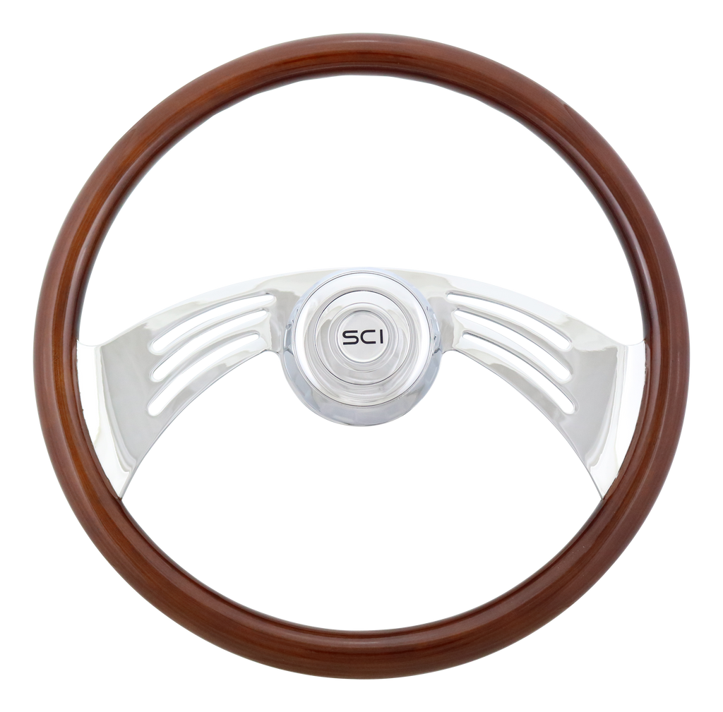 18" Wood Rim, Chrome 2-Spoke w/Cut Outs, Chrome Bezel, Chrome Horn Button