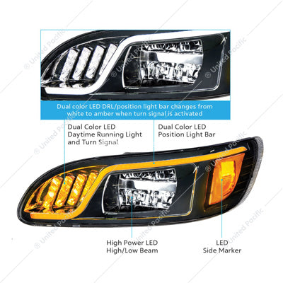 Black LED Headlight With LED Turn, Position, & DRL For Peterbilt 386 (2005-2015) & 387 (1999-2010)- Driver