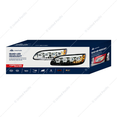 Chrome Quad-LED Headlight With LED DRL & Seq. Signal For 2005-2015 Peterbilt 386- Passenger