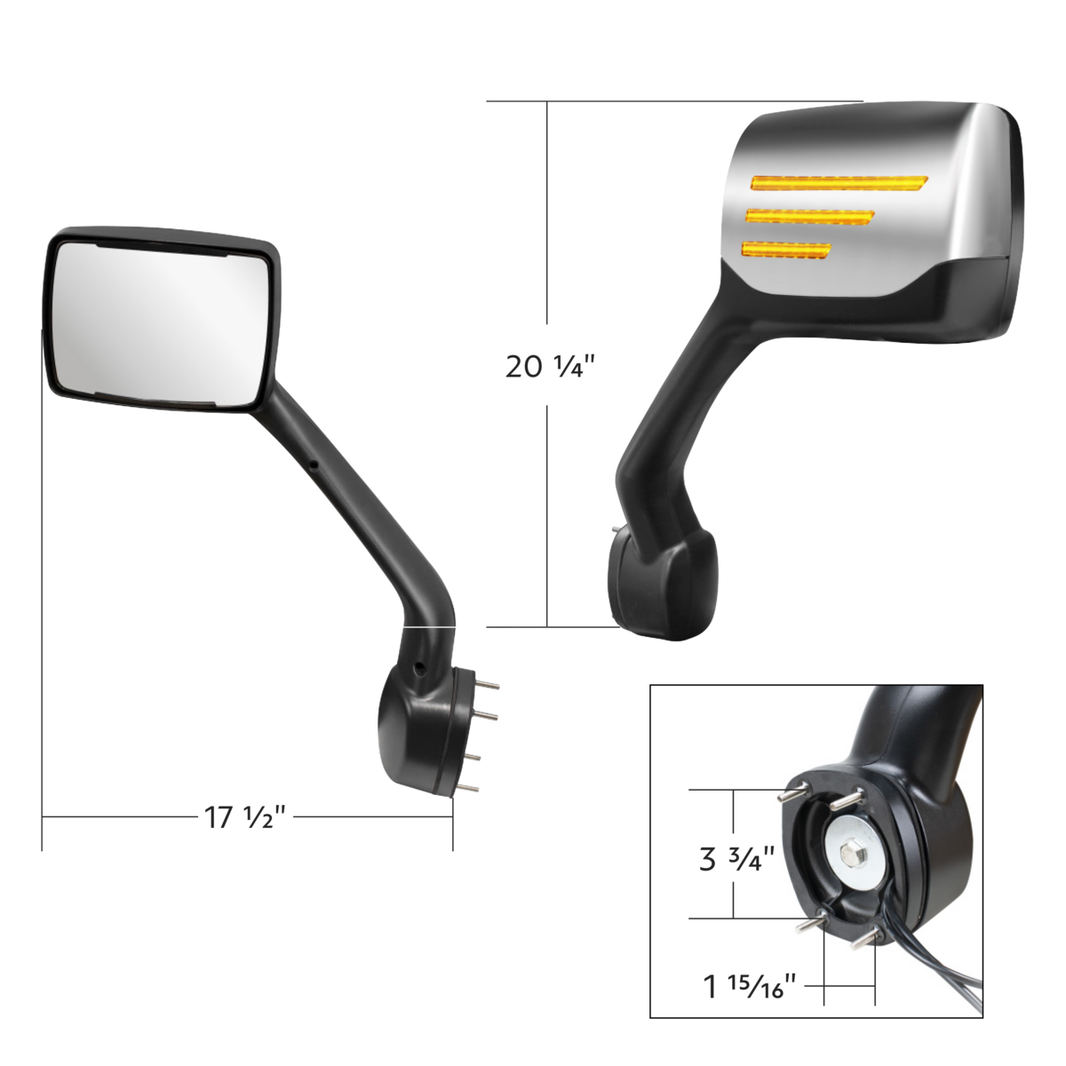 Chrome Hood Mirror Assembly W/ Sequential LED Turn Signal For 2013-2021 Kenworth T680 & Peterbilt 579 - Driver & Peterbilt 579