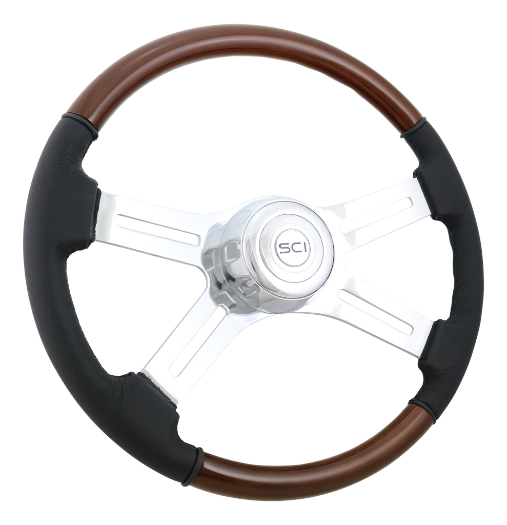 18" Classic Wood/Leather 4 Spoke Steering Wheel
