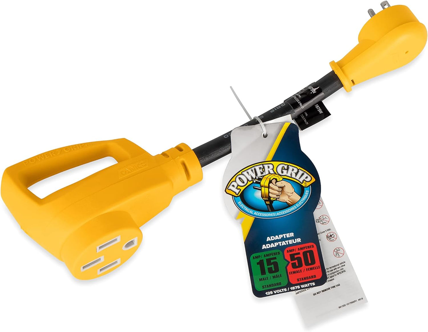 PowerGrip 12" Dogbone Electrical Adapter, 125V/1875W - 15 Amp Male & 50 Amp Female