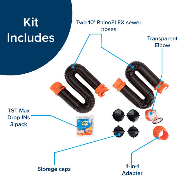 RhinoFLEX 20' Sewer Hose Kit with 4N1,Elbow, Caps