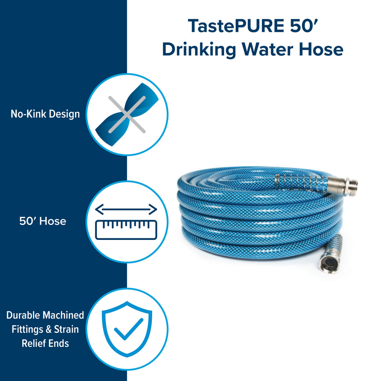 TastePURE Premium Drinking Water Hose with 5/8in Inner Diameter - 50ft, Blue