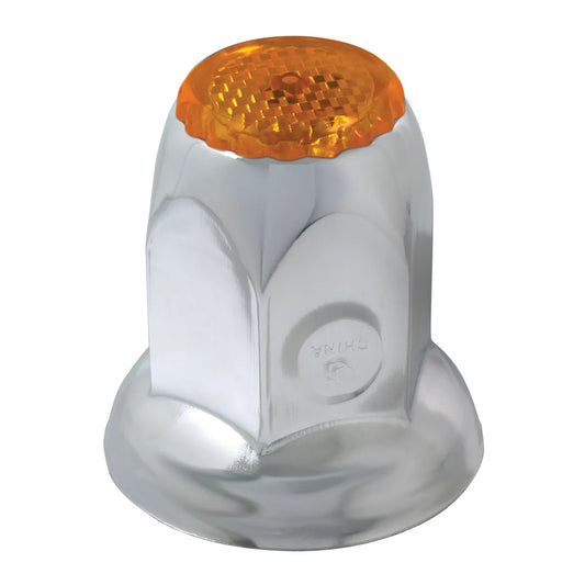 Classic Amber Reflector Chrome Steel Push-On Lug Nut Cover With Flange