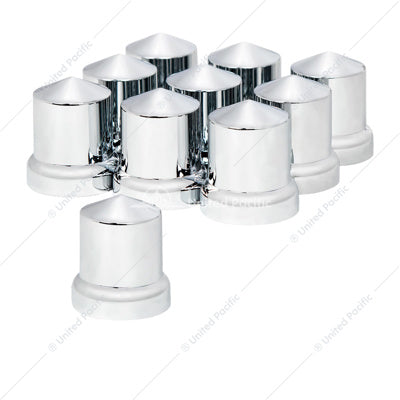 33MM X 2-1/4" CHROME PLASTIC POINTED NUT COVERS - PUSH-ON WITH FLANGE (COLOR BOX OF 10)