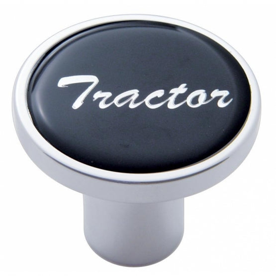 Aluminum Screw-On Air Valve Knob with Glossy "Tractor" Script Sticker - Black Sticker