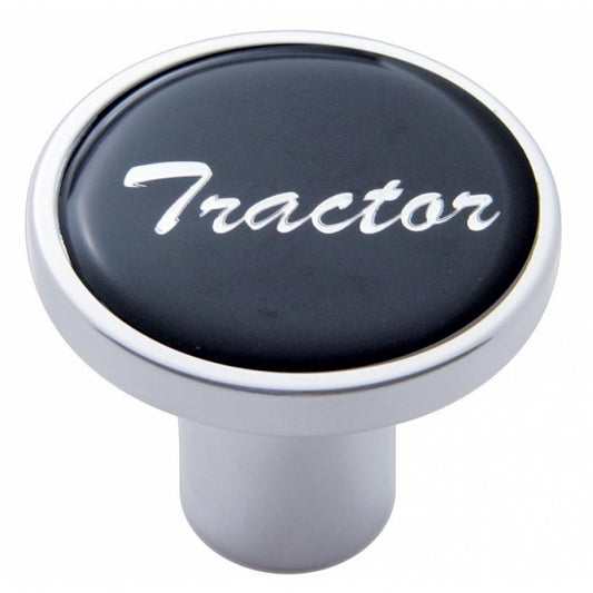 Aluminum Screw-On Air Valve Knob with Glossy "Tractor" Script Sticker - Black Sticker