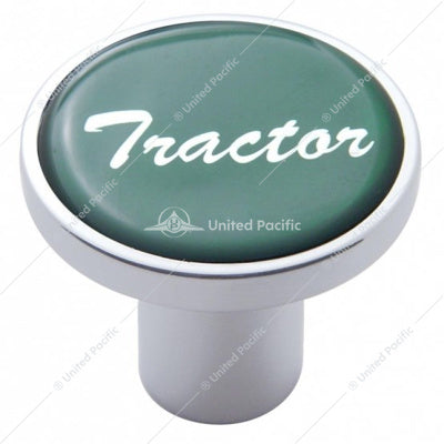 Aluminum Screw-On Air Valve Knob with Glossy Tractor Script Sticker - Green Sticker