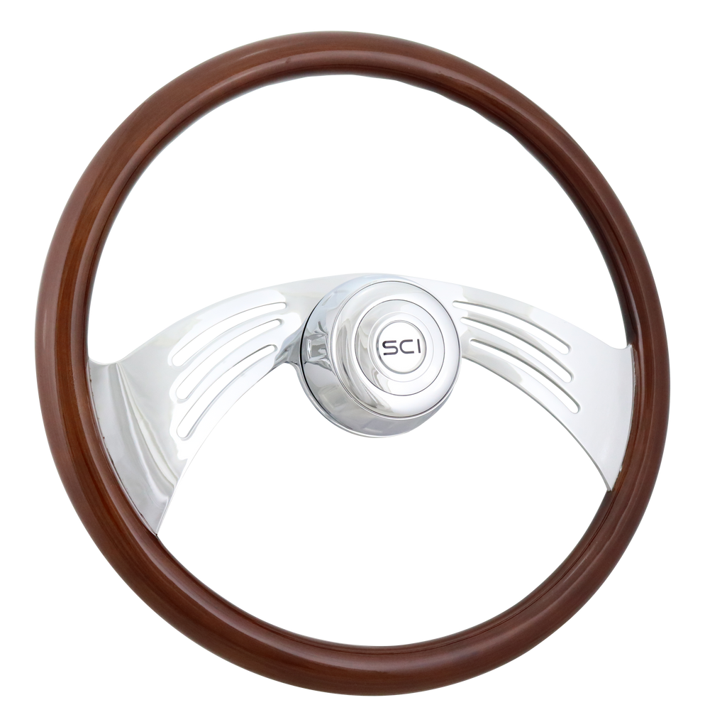 18" Wood Rim, Chrome 2-Spoke w/Cut Outs, Chrome Bezel, Chrome Horn Button