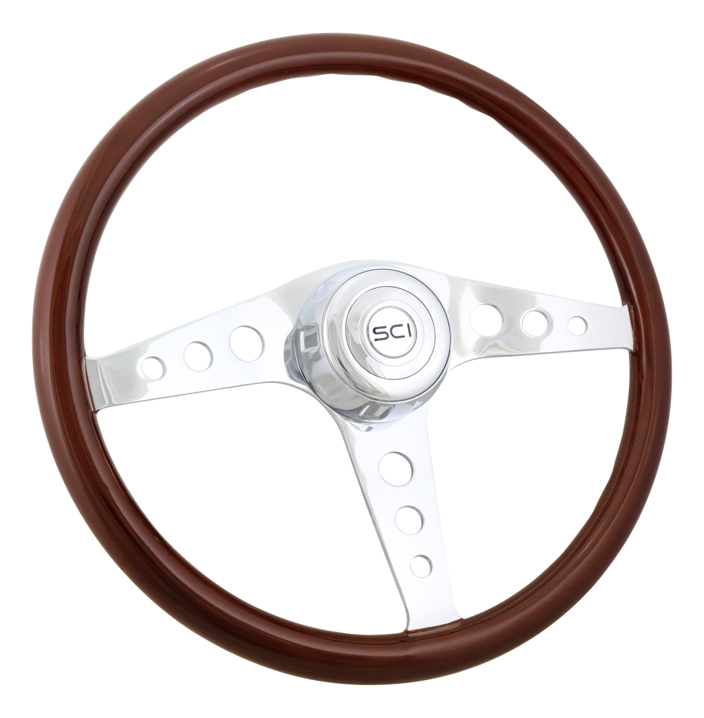18" Wood Rim Steering Wheel - Chrome 3-Spoke with Bezel & Horn