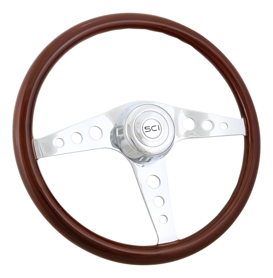 18" Wood Rim Steering Wheel - Chrome 3-Spoke with Bezel & Horn