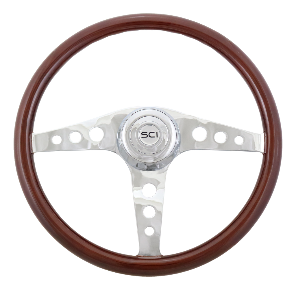 18" Wood Rim Steering Wheel - Chrome 3-Spoke with Bezel & Horn