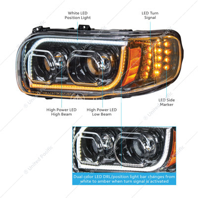 HIGH POWER LED "BLACKOUT" HEADLIGHT WITH 16 LED TURN & 57 LED BAR FOR 2008-2023 PETERBILT 389- DRIVER