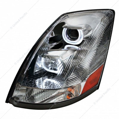 CHROME PROJECTION HEADLIGHT WITH WHITE LED LIGHT BAR FOR 2003-2017 VOLVO VN/VNL - DRIVER