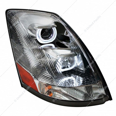 CHROME PROJECTION HEADLIGHT WITH WHITE LED LIGHT BAR FOR 2003-2017 VOLVO VN/VNL - PASSENGER