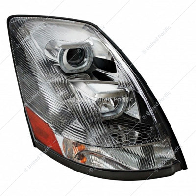 CHROME PROJECTION HEADLIGHT WITH WHITE LED LIGHT BAR FOR 2003-2017 VOLVO VN/VNL - PASSENGER