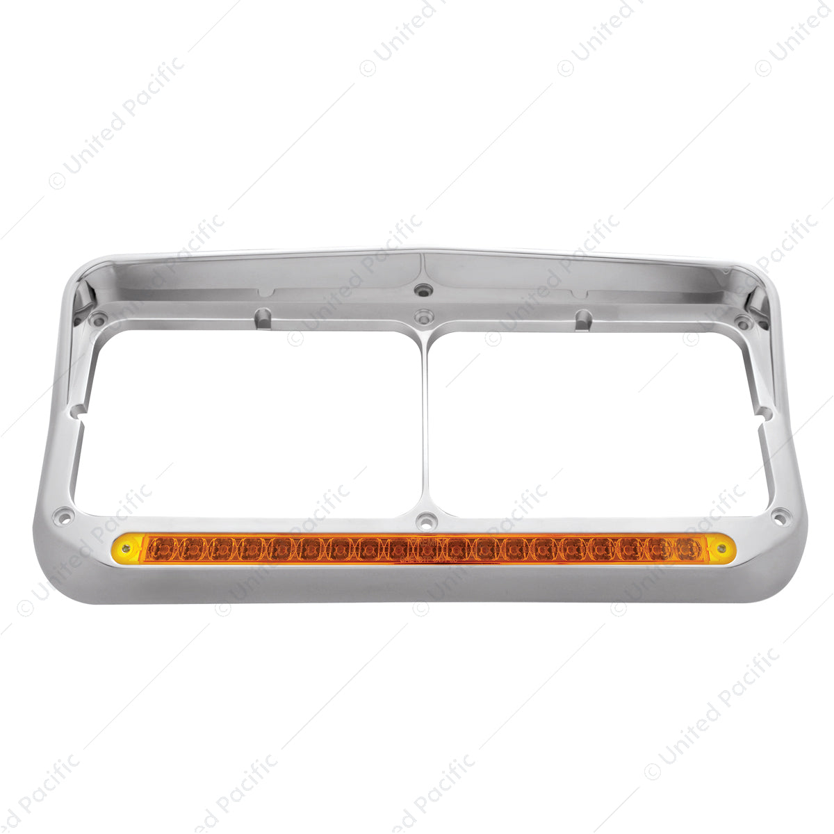 Chrome Rectangular Dual Headlight Bezel With Visor & 19 LED Light Bar - Amber LED/Amber Lens