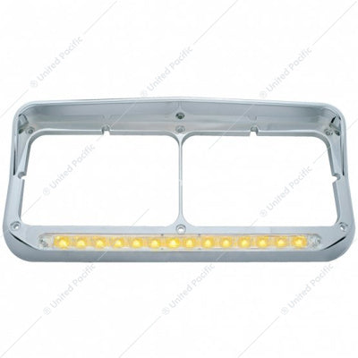 Chrome Rectangular Dual Headlight Bezel With Visor - Amber LED/Clear Lens- 14 LED