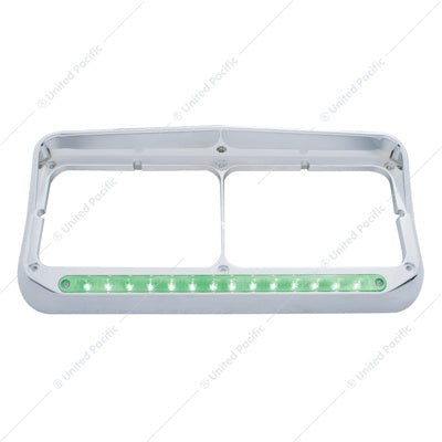 14 LED Chrome Rectangular Dual Headlight Bezel With Visor - Green LED/Clear Lens