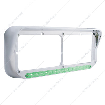 14 LED Chrome Rectangular Dual Headlight Bezel With Visor - Green LED/Clear Lens