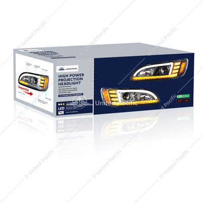 Image of the United Pacific Peterbilt 05-15 Chrome Projector LED Sequential Turn Signal DRL Driver Part # 35765 Packaging