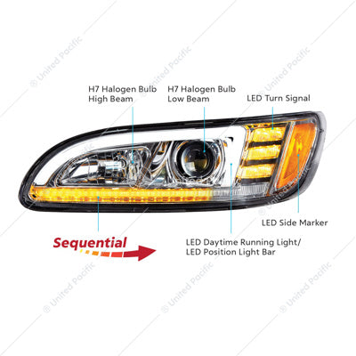 United Pacific Peterbilt 05-15 Chrome Projector LED Sequential Turn Signal DRL Passenger Part # 35766