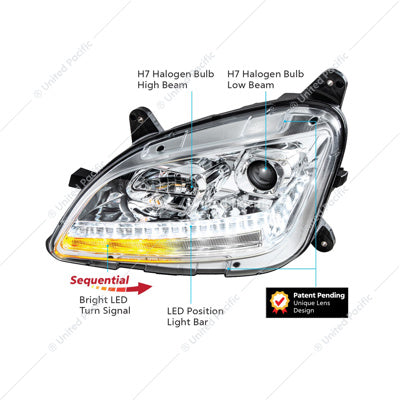 Chrome Projection Headlight With LED Sequential Turn and DRL For 2012-2021 Peterbilt 579- Passenger
