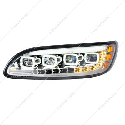 Chrome Quad-LED Headlight With LED DRL & Seq. Signal For 2005-2015 Peterbilt 386- Driver