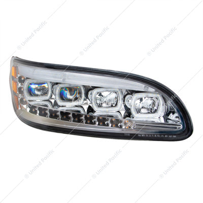 Chrome Quad-LED Headlight With LED DRL & Seq. Signal For 2005-2015 Peterbilt 386- Passenger