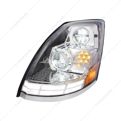 CHROME LED HEADLIGHT WITH DUAL COLOR LED LIGHT BARS FOR 2003-2017 VOLVO VN/VNL - DRIVER