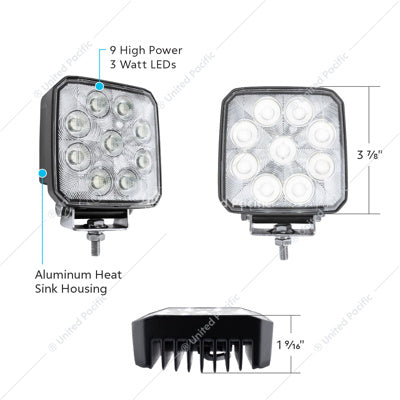 9 LED High Power 3-7/8" Square Work Light - Flood