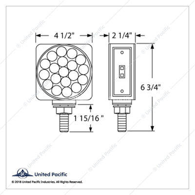Sizing Illustration of the United Pacific Driver Single Stud Double Face Turn Signal Light – Amber & Red Part # 38701
