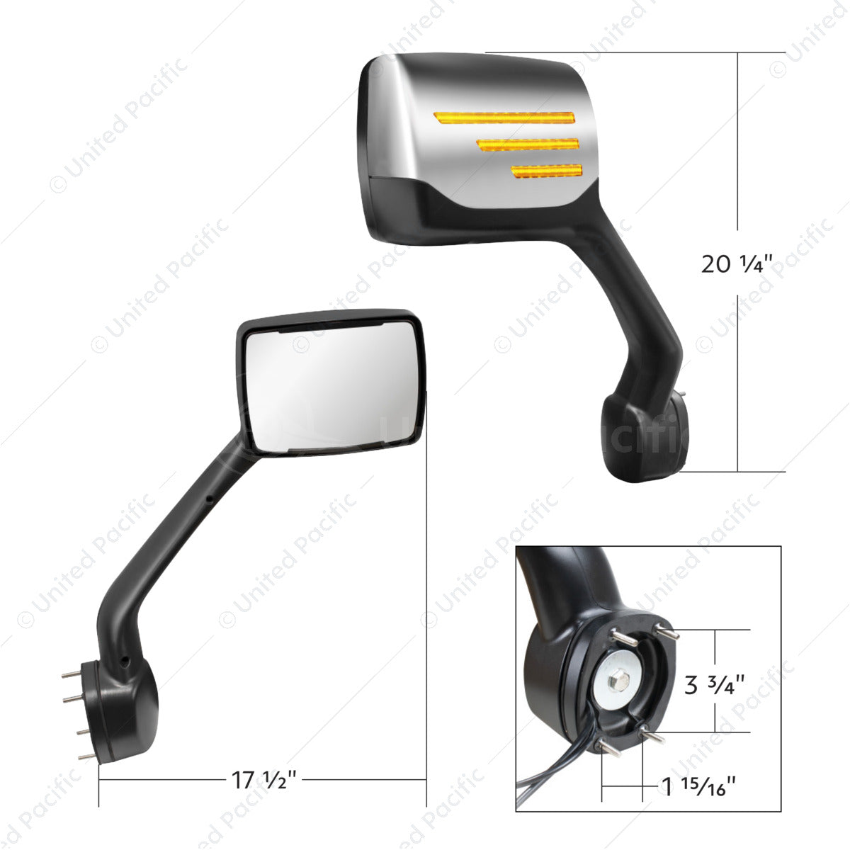 Chrome Hood Mirror Assembly W/ Sequential LED Turn Signal For 2013-2021 Kenworth T680 & Peterbilt 579 - Passenger