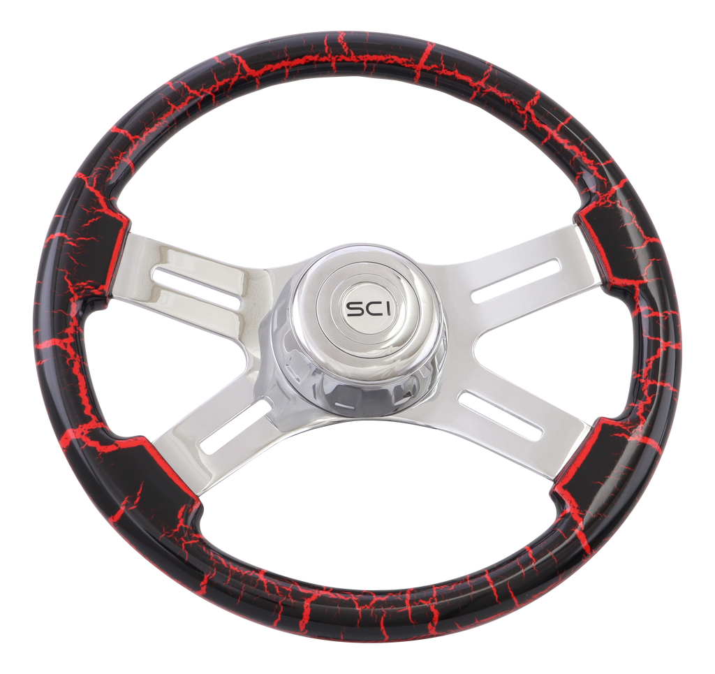 Chrome 4-Spoke w/Slot Cut Outs, Classic Red Crackle Chrome Bezel- 16"