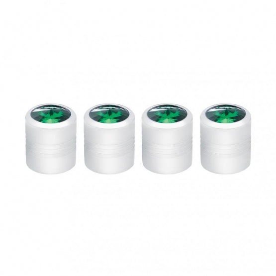 Chrome Round Valve Caps with Green Crystal - 4 Pack