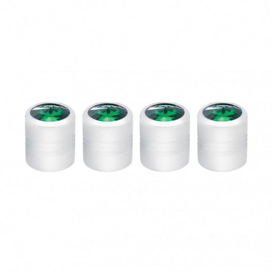 Chrome Round Valve Caps with Green Crystal - 4 Pack