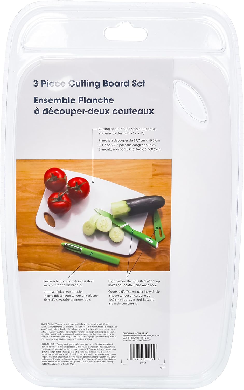 Three Piece Cutting Board Set with Paring Knife and Peeler