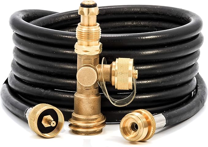 Propane Brass Tee with 3 Port and 12' Hose - Black/Gold