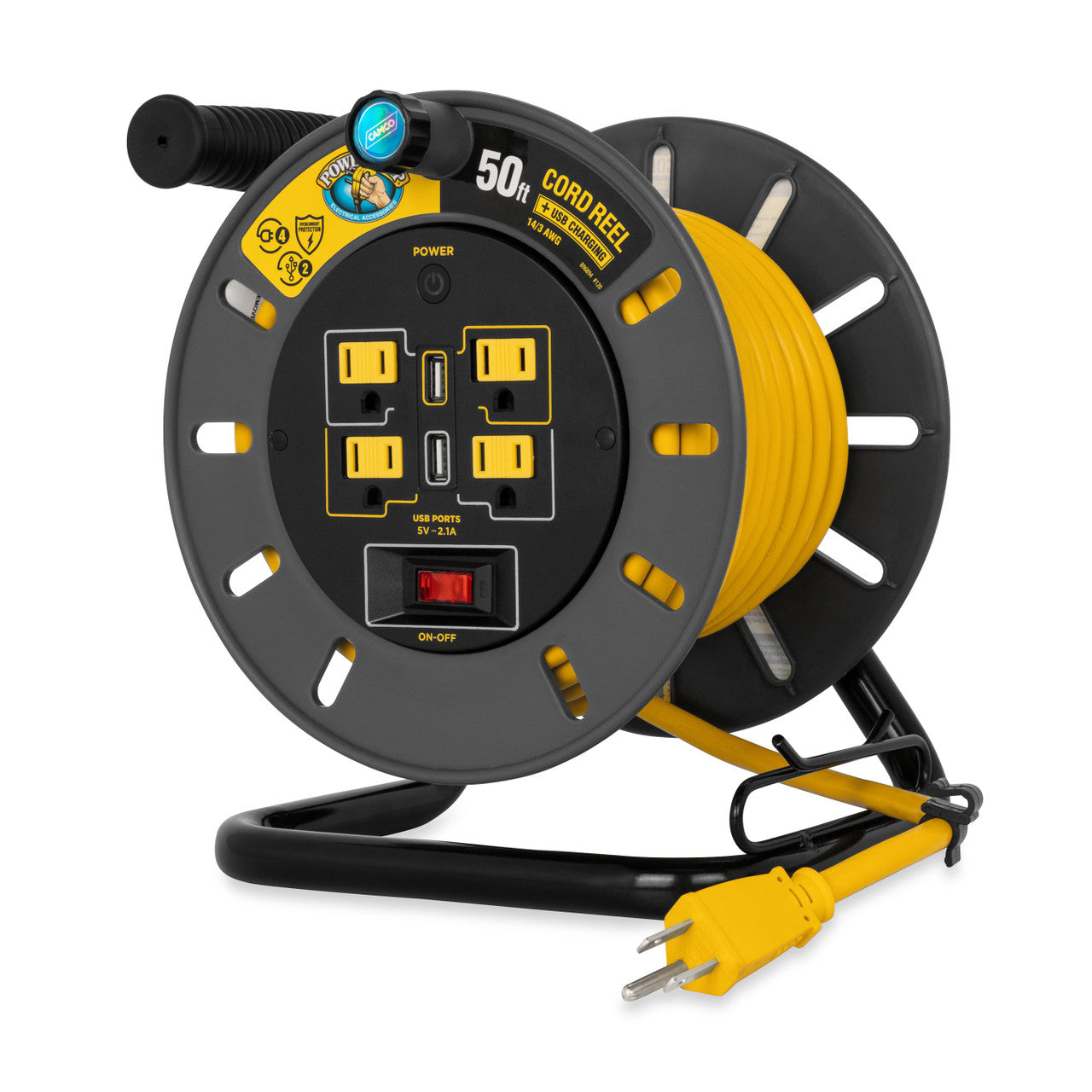 PowerGrip Extension Cord Reel with USB Charging Ports - 50ft