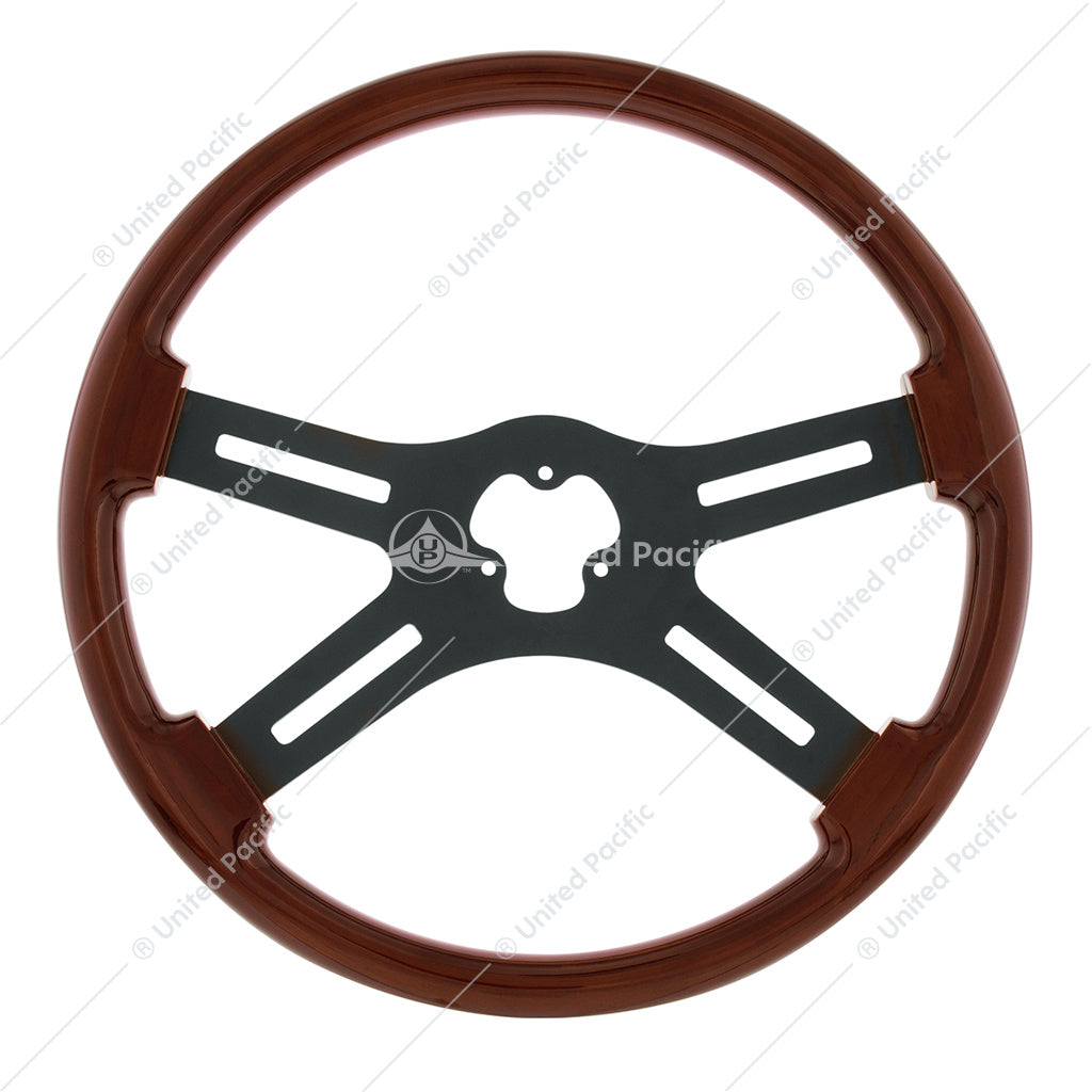 18" 4 Spoke Matte Black Steering Wheel with Horn Bezel & Button Wood Grain