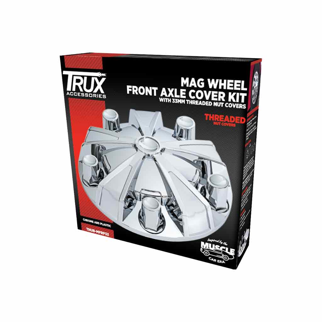 Chrome Plastic Mag Front Hub Cover with 33mm Threaded Nut  Covers