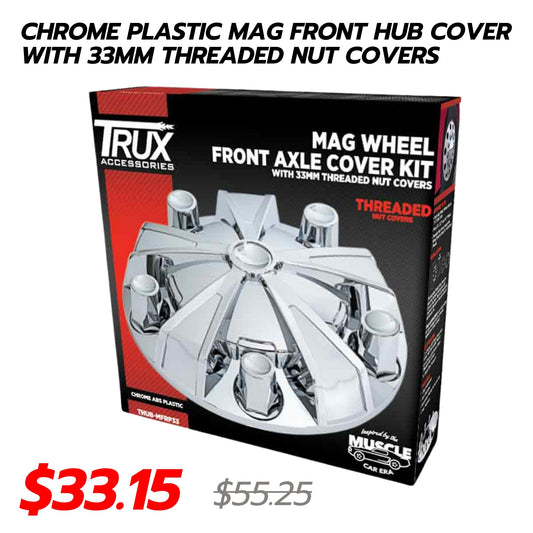 Chrome Plastic Mag Front Hub Cover with 33mm Threaded Nut  Covers