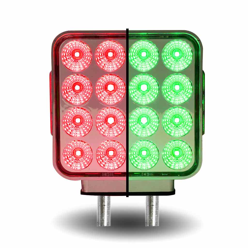 Amber/Red Turn & Marker to Green Auxiliary Square Reflector Double Face LED Light – Double Post | 38 Diodes | Clear Lens