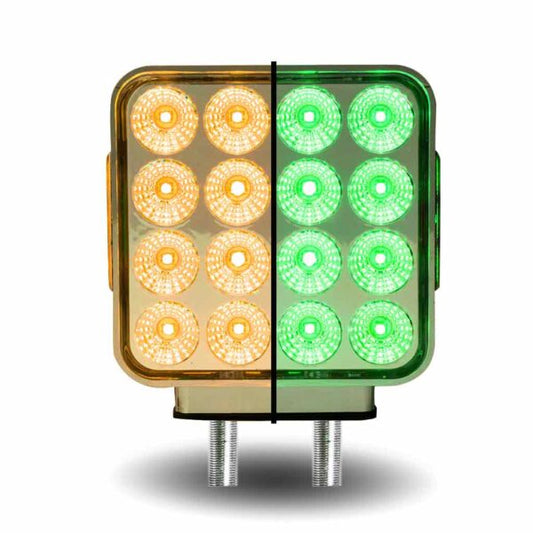 Amber/Red Turn & Marker to Green Auxiliary Square Reflector Double Face LED Light – Double Post | 38 Diodes | Clear Lens