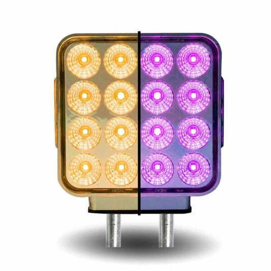 Amber/Red Turn & Marker to Purple Auxiliary Square Reflector Double Face LED Light – Double Post | 38 Diodes | Clear Lens