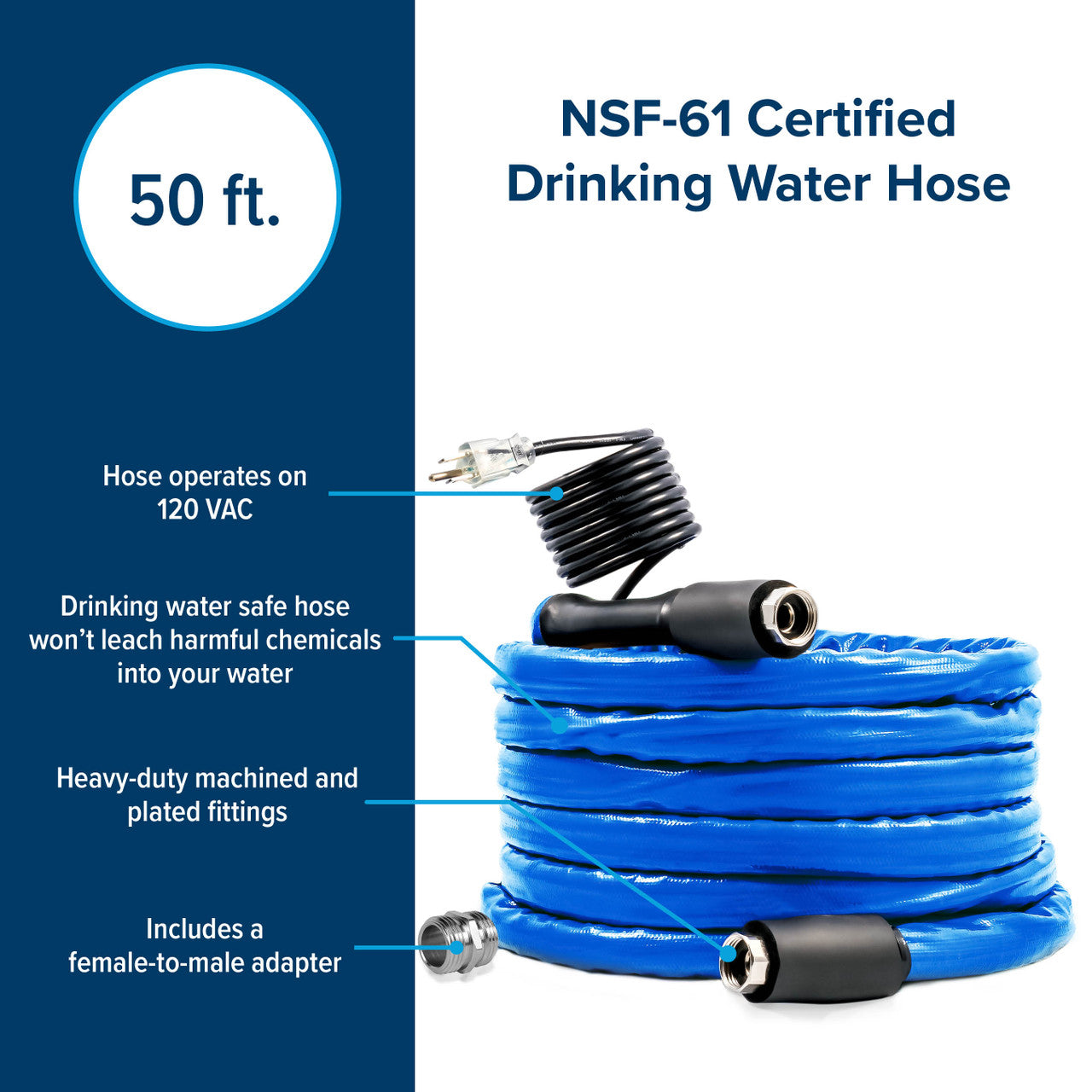 TastePURE Heated Drinking Water Hose with 5/8" Inner Diameter - 50ft, Blue