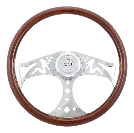 18" Wood Rim Mud Flap Girl Steering Wheel